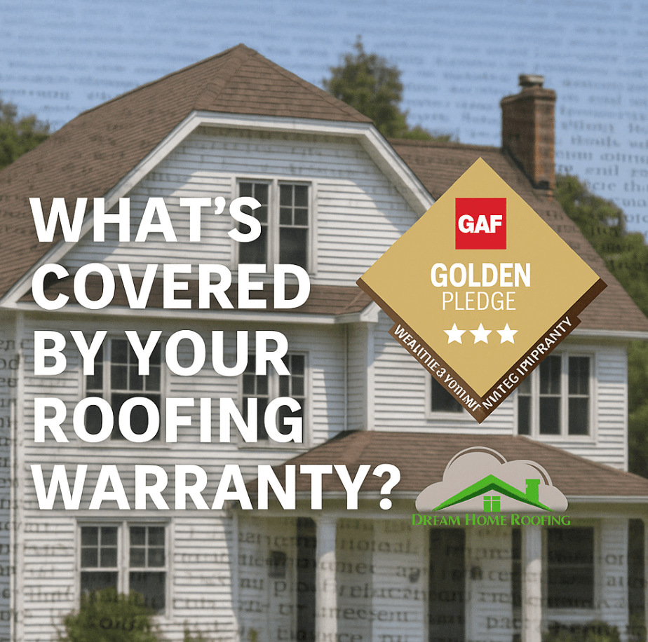 A house with new shingles and a text overlay asking, "What’s covered by your roofing warranty?" with GAF Golden Pledge logo and Dream Home Roofing branding.